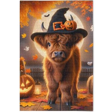 Imagem de Quebra-cabeça personalizado Halloween Highland Cow Pumpkin para adultos 1000 peças presentes de jogo de quebra-cabeça divertido exclusivo brinquedo adulto pintura de arte animal, 75 x 50 cm
