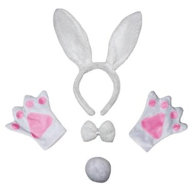 Imagem de Petitebella Luvas de cabeça de coelho com laço e cauda 4 peças fantasia 1-10 anos (branco, 5-10 anos)