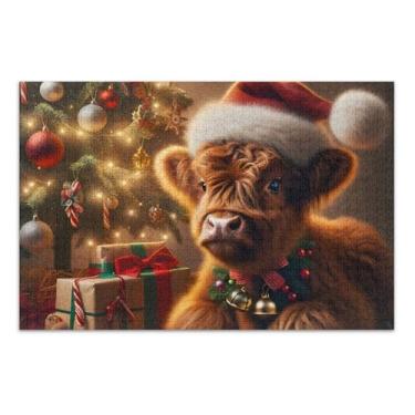 Imagem de Quebra-cabeças de Natal Highland Cow aconchegante 500 peças para adultos pintura animal arte quebra-cabeça colorido elefante branco presentes de festa, 51 x 35 centímetros