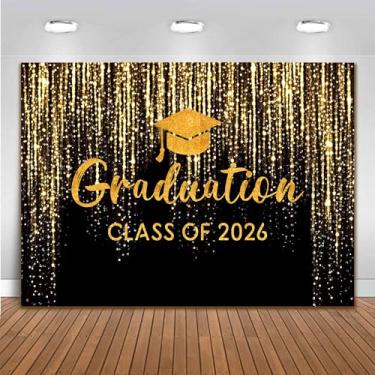 Imagem de Graduação Class of 2026 Pano de fundo de festa 2026 x 1,5 m Preto Dourado Glitter Fundo Parabéns Graduados Decoração Foto Cabine Adereços Banner