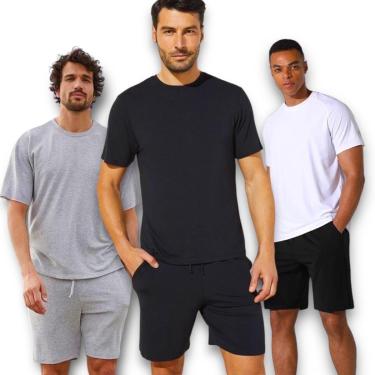 Imagem de Kit Bermuda Short MOLETINHO + Camiseta ALGODÃO Masculina Academia Corrida Moletom 519-Masculino