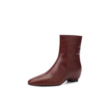 Imagem de TinaCus Bota feminina de salto cunha no tornozelo, couro legítimo, feita à mão, bico quadrado, botas curtas com zíper lateral, Borgonha, 34