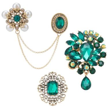 Imagem de PLIGREAT 3 broches de cristal verde, broche de flor de pérola vintage com corrente longa borla strass gota lágrima broche de lapela broche para mulheres homens roupas vestido chapéus bolsas acessório