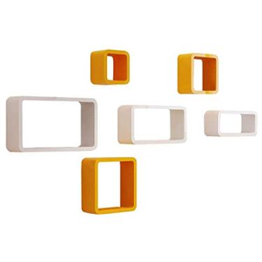 Imagem de Prateleiras flutuantes, prateleiras de parede, prateleiras suspensas, conjunto de 6 como estante de livros, decoração de unidade de exibição, design moderno, branco + laranja, MDF