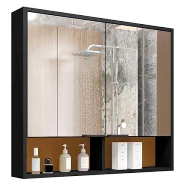 Imagem de Armário de banheiro com duas portas, com espelho e ranhuras(PRETO/NATURE)