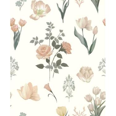 Imagem de Safiyya Papel de parede vintage descasque e cole papel de contato floral bege rosas tulipas papel de parede botânico autoadesivo papel de parede removível para quarto banheiro rolo de vinil 44 cm x