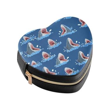 Imagem de Burbuja Caixa de joias em forma de coração de tubarões de desenho animado mini estojo de joias de viagem para mulheres e meninas, estojo portátil organizador de armazenamento para brincos, anéis