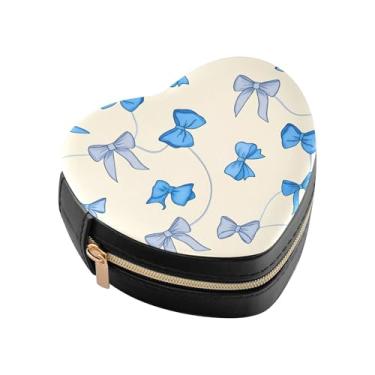 Imagem de Burbuja Blue Bows Caixa de joias em forma de coração, mini estojo de viagem para mulheres e meninas, estojo portátil organizador de armazenamento para brincos, anéis, colares e pulseiras