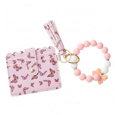 Imagem de Carteira feminina Boho com contas de pulso – Porta-cartões com estampa floral com borla, pulseira de contas de silicone, porta-chaves com zíper e porta-moedas para identidade para mulheres, Rosa