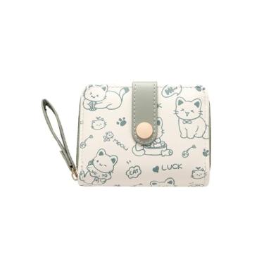 Imagem de Carteira feminina pequena e fofa padrão de gato com zíper para porta-cartões de crédito para dinheiro e moedas, Verde, Bonito