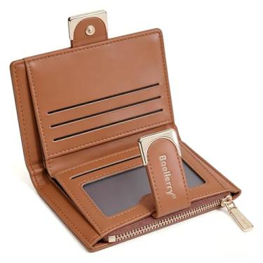 Imagem de Carteira feminina dobrável de couro sintético durável — fecho de pressão, bolso com zíper e vários compartimentos para cartão para transporte diário casual ou diário, Marrom, Elegante