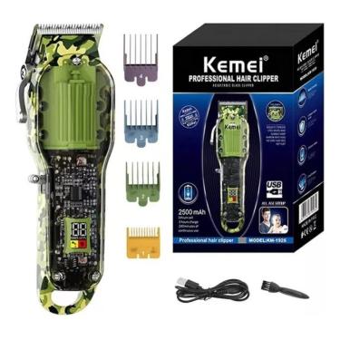 Imagem de Máquina de Corte Kit Barbeiro 3 em 1 Camuflado Transparente Sem Fio Profissional KEMEI KM-2379