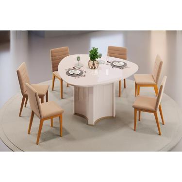 Imagem de Conjunto: Mesa de Cozinha Chanel c/ Tampo Madeirado c/ Vidro Orgânico 136x136cm e 6 Cadeiras Sofia Off White - Ipe/Suede Creme - DJ Móveis