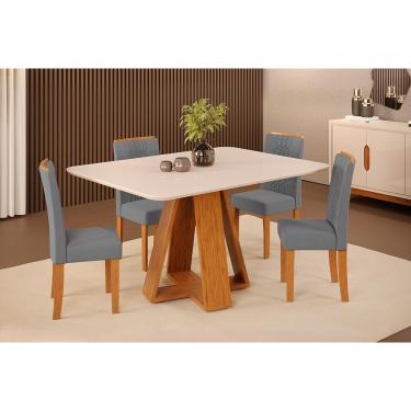 Imagem de Conjunto: Mesa Sala Jantar Celeste c/ Tampo Madeirado c/ Vidro Curvo 120x90cm e 4 Cadeiras Zoe Freijo/Off White - Suede Lunar - DJ Móveis