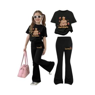 Imagem de Camiseta Rosa Com Gola Redonda Para Meninas E Calças Pretas Boca De Si