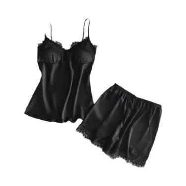 Imagem de Conjunto De Pijama Sexy Em Cetim Para Mulheres Com Decote Em V, Laço D