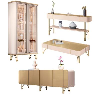 Imagem de Conjunto com Cristaleira Buffet Mesa de Centro e Aparador Évora Saluti Cadenza Vivant Off White Champagne Gran Belo