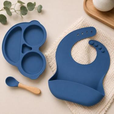 Imagem de Kit Alimentação Bebê Silicone 3 Peças Prato Babador BPA Free - Era Uma