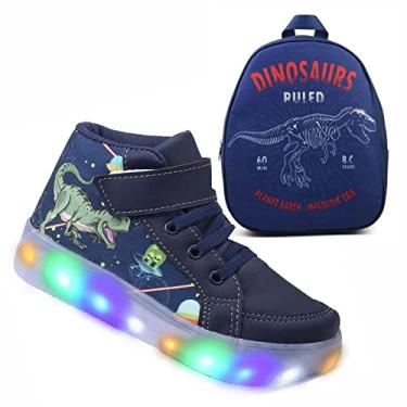 Imagem de Tenis Botinha Masculino De Led Com Calce Facil Infantil Dinossauro DIversão Luzinha + Mochila Cor:Azul; Tamanho:25