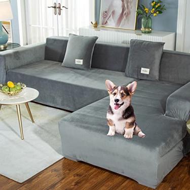 Imagem de Capa de sofá seccional, cobertura deslizante de veludo espesso para sofá, cama, antiderrapante, capa protetora de sofá em forma de L para 1, 2, 3, 4 lugares, cinza claro, 3 lugares, 190-230 cm - 1