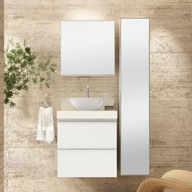 Imagem de Conjunto para Banheiro com Espelheira, Gabinete, Lavatório, Cuba de Louça e Armário Vertical Bumi Branco