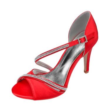 Imagem de Sandálias femininas de salto de strass com faixa oblíqua cetim prata casamento vestido de noiva festa noite sapatos 10,5 cm sapatos de trabalho, Vermelho, 9