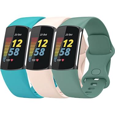 Imagem de TopPerfekt Pulseiras compatíveis com Fitbit Charge 5, pulseira esportiva de silicone macio ajustável de substituição para Charge 5, monitor de atividades, mulheres e homens (3TealSand powderPine
