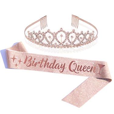 Imagem de Faixa de aniversário Queen e kit de tiara de strass - presente de aniversário de ouro rosa com purpurina, faixa de aniversário, lembrancinhas de festa de aniversário