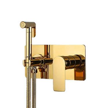 Imagem de Pulverizador de bidê manual para banheiro latão de pano de bebê quente e frio pulverizador de fraldas pulverizador de vaso sanitário montado na parede com mangueira de chuveiro de 1,5 m kit de chuveiro de limpeza de banheiro portátil, preto (cor: dourado)