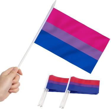 Imagem de ANLEY Bandeira em miniatura do orgulho bissexual, bandeira de vara de 5 x 8 polegadas com bastão sólido branco de 12 "- cores vivas e resistente ao desbotamento - mini-bandeiras manuais