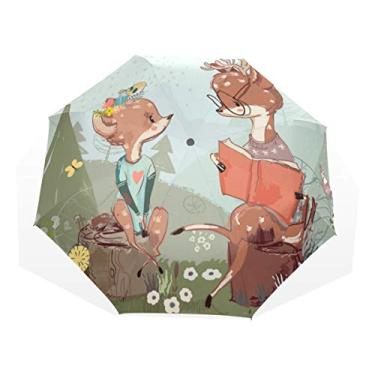 Imagem de U LIFE Guarda-chuva dobrável Hello Welcome Spring Cute Elk Veado Floral Flower Sun Rain compacto dobrável Manual Open Close