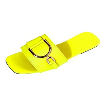 Imagem de Sandálias femininas casuais de fundo plano botão quadrado cor sólida grandes confortáveis sandálias botas de quarto chinelos, Amarelo, 7.5