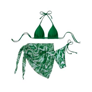 Imagem de Cozyease Conjunto de 3 peças de biquíni feminino com estampa floral, frente única, conjunto de biquíni triangular com saia de praia com nó lateral, Verde escuro, G