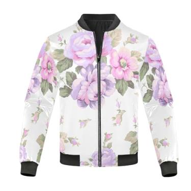 Imagem de KLL Jaquetas de chuva leves e respiráveis com flores lilás e rosa jaqueta masculina jaqueta corta-vento jaqueta masculina leve com zíper, Flores lilás e rosa, P