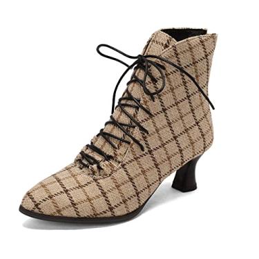 Imagem de YUE Bota feminina com cadarço primavera outono inverno botas curtas salto médio bota tornozelo, Xadrez, 38