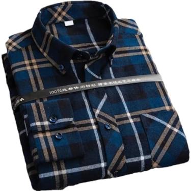 Imagem de Camisa social masculina plus size para lazer masculina algodão lixado flanela quente casual manga longa gola xadrez, Algodão 1591, P