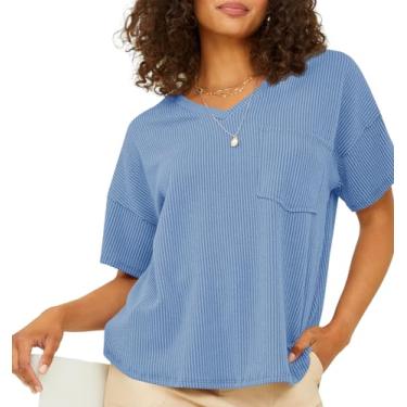 Imagem de Tankaneo Camisetas femininas de manga curta gola V de malha folgada com ombro caído com bolso, Azul, G