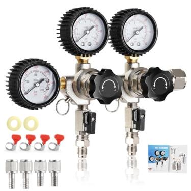 Imagem de MRbrew Regulador de CO2 de barril de saída dupla, regulador de barril CGA-320 Draft Beer Regulator, encaixe de extremidade rosqueada de desconexão rápida com 2 porcas giratórias Barb - Barb de 1/4" e Barb de 5/16", regulador de pressão do tanque de CO2