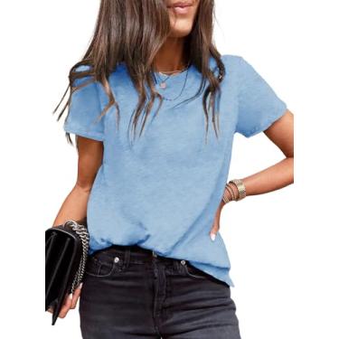 Imagem de EVALESS Camisetas femininas casuais de bolinhas gola redonda manga curta moda 2024 primavera verão camisas soltas, J - Azul-celeste, GG