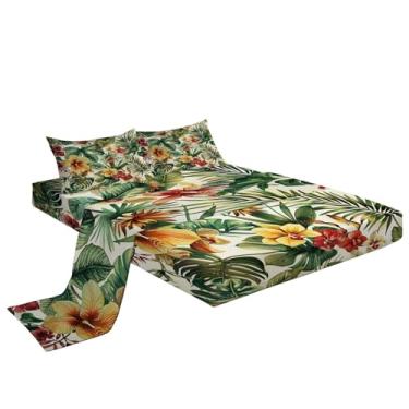 Imagem de Eojctoy Jogo de lençol ultramacio com tema de plantas tropicais, 4 peças, fácil de cuidar com lençol solteiro com bolso profundo de 40,6 cm, confortável e respirável para casa