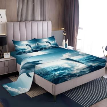 Imagem de Jogo de lençol Queen Queen com 4 peças, golfinhos e oceano azul, 40,6 cm, lençol de cima e 2 fronhas, lençol de cima moderno estampado, enrugado, desbotado, para meninos e meninas