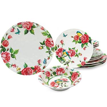 Imagem de LEHAHA Conjunto de Louça de Melamina, 12 Peças, Rosa e Vermelhos, Floral, Resistente a Lascas e Quebras, para 4, Pratos de Jantar e Salada, Tigelas, Uso Interno e Externo