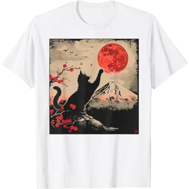 Imagem de Camiseta vintage japonesa de arte japonesa estampa retrô gato preto moda camiseta unissex manga curta, Branco, P