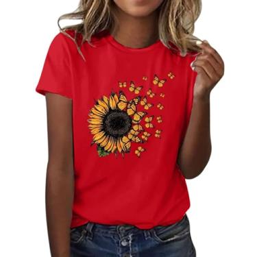 Imagem de Duobla Camiseta feminina com estampa de flores de verão camisetas casuais soltas manga curta gola redonda camisetas fofas 2024 moda, A-1-Vermelho, M