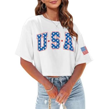 Imagem de Camiseta cropped feminina com bandeira americana EUA camiseta patriótica 4 de julho Memorial Day camiseta feminina cropped tops, Branco, G