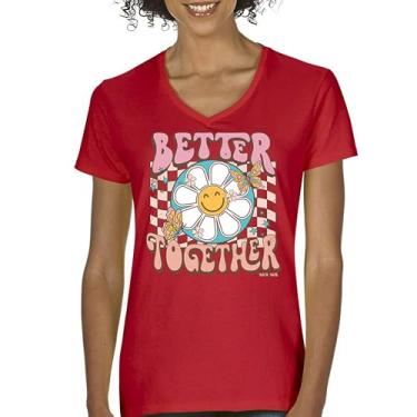Imagem de Camiseta feminina com gola V Better Together, vintage, retrô, estilo boêmio, estilo anos 70, floral, vibração, hippie, amor, amizade, boêmio, Vermelho, XXG