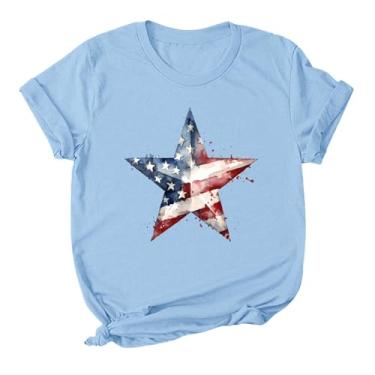 Imagem de Camisetas femininas de 4 de julho com estampa de listras de estrelas com bandeira dos EUA jeans feminina bandeira dos EUA camiseta de verão, Azul claro, M
