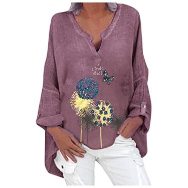 Imagem de Camisetas femininas de linho de manga comprida 2024 na moda Henley Neck Blusa de verão de algodão grande, Roxa, M