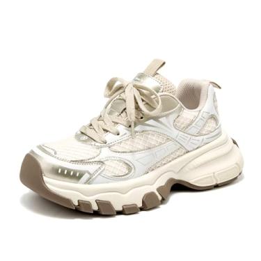 Imagem de BEAU TODAY Tênis feminino grosso plataforma moderno tênis de caminhada confortável com cadarço, Champanhe dourado, 38