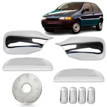 Imagem de Kit Apliques Cromados Maçanetas laterais + Tampa de combustível + retrovisores lados direito e esquerdo + Tampas de válvulas de pneu cromadas Palio 2 Portas 1996 1997 1998 1999 2000